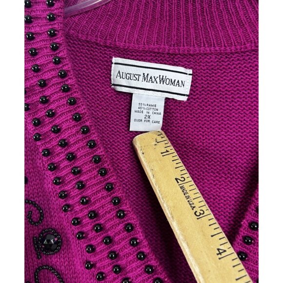 VTG August Max Woman 2X Plus Beaded Hot Pink V-Neck Sweater Ramie/Cotton GUC - Picture 7 of 8